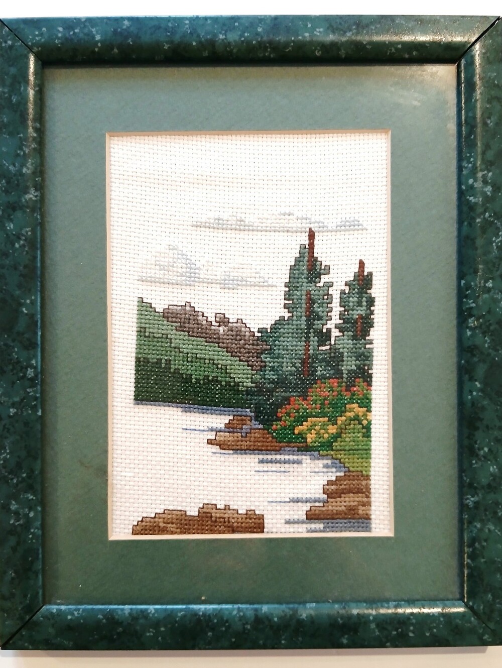 Vintage Framed Green Landscape Cross-Stitch Art - Scenic Lake with Pines